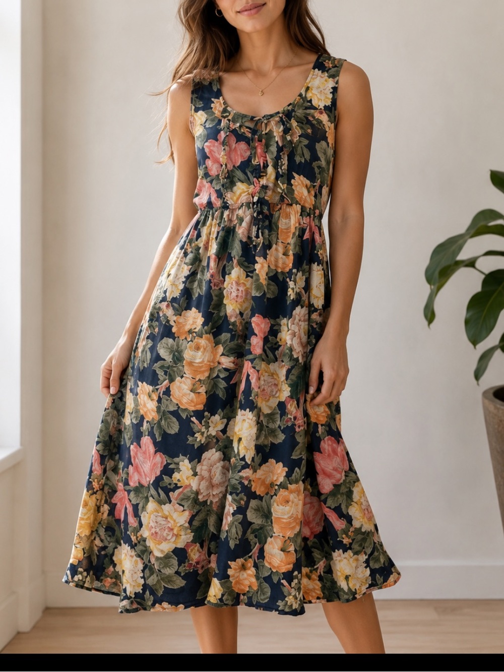 VINTAGE 90’s Floral Midi Dress Sleeveless Ruffle Cottagecore Prairie Medium